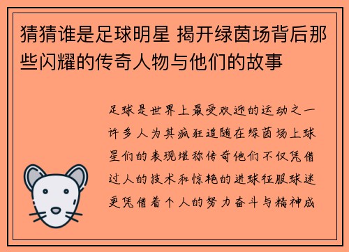 猜猜谁是足球明星 揭开绿茵场背后那些闪耀的传奇人物与他们的故事